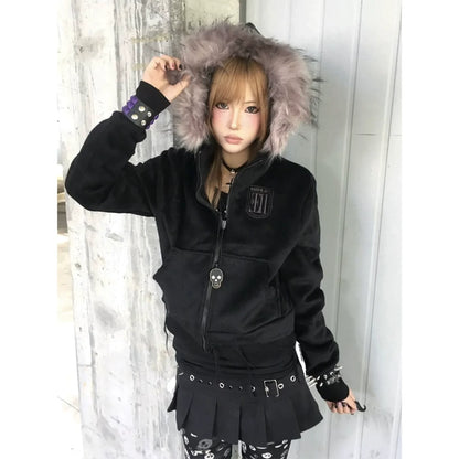 Y2K Visual Kei Fur Collar Hoodie Autumn-Winter Short Pullover with Tassel Hem