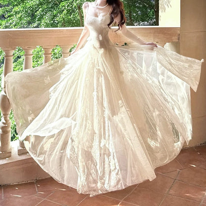 French Lace Floral Tulle Spaghetti Strap Gown Dress