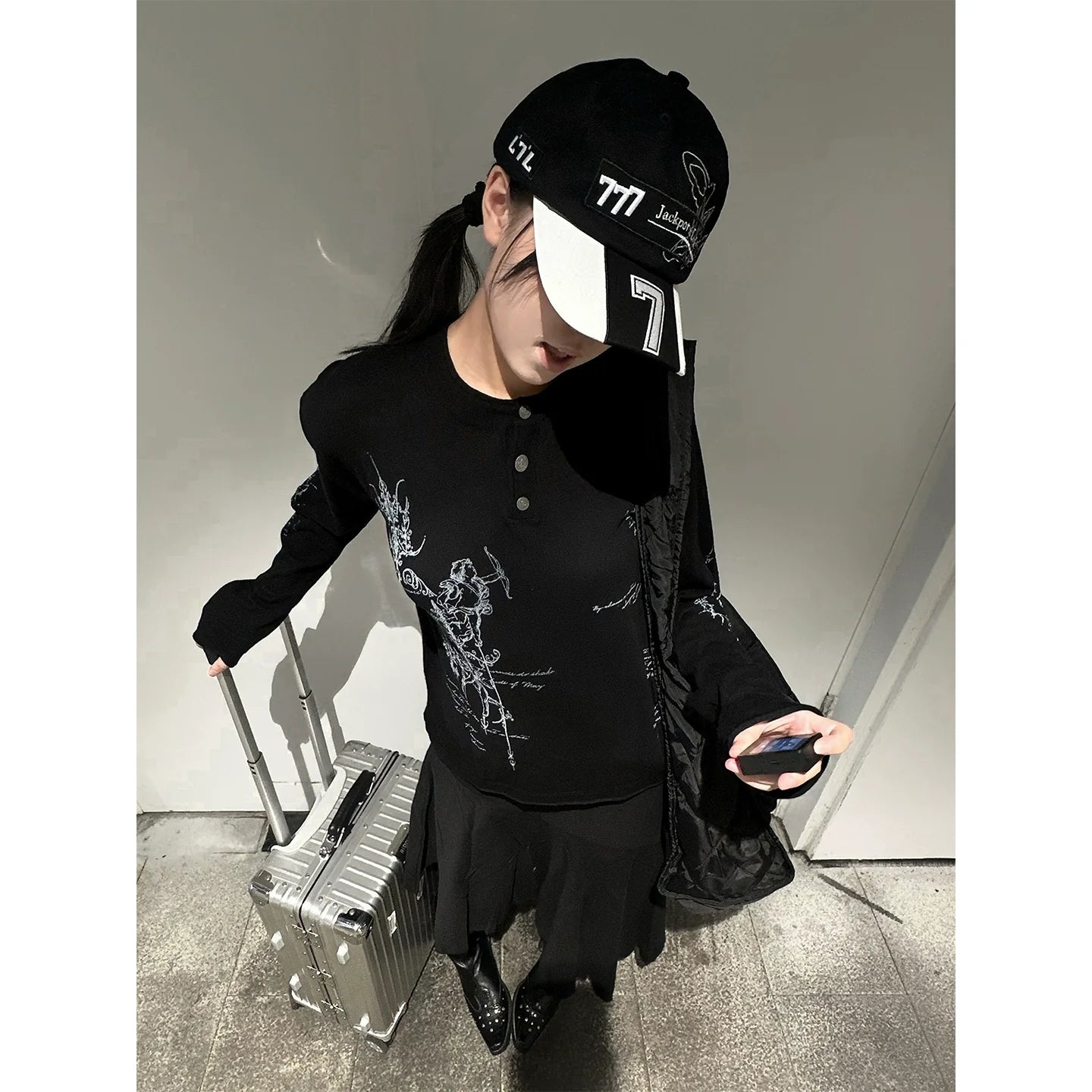 Y2K Subculture Rune Print Henley Long Sleeve Tee  Loose Fit Punk Visual Kei Base Layer Top