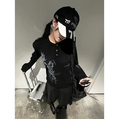 Y2K Subculture Rune Print Henley Long Sleeve Tee  Loose Fit Punk Visual Kei Base Layer Top