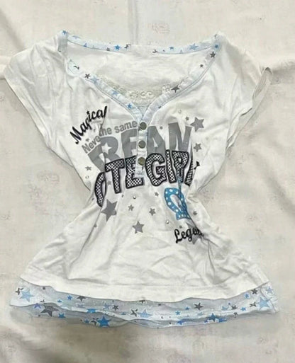 Vintage V-Neck Fake Two-Piece Y2K T-Shirt