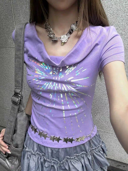 Purple American Vintage Cowl-Neck Waist-Cinched Light Subculture Y2K T-Shirt