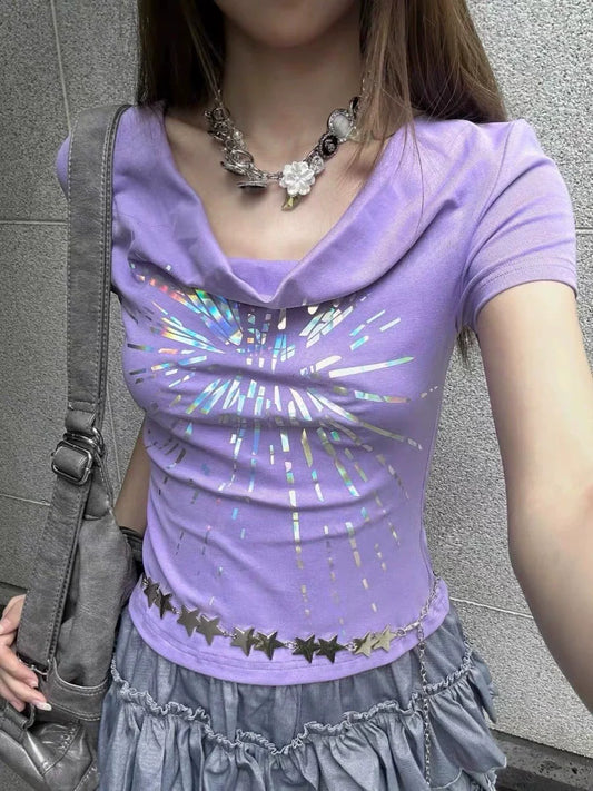 Purple American Vintage Cowl-Neck Waist-Cinched Light Subculture Y2K T-Shirt