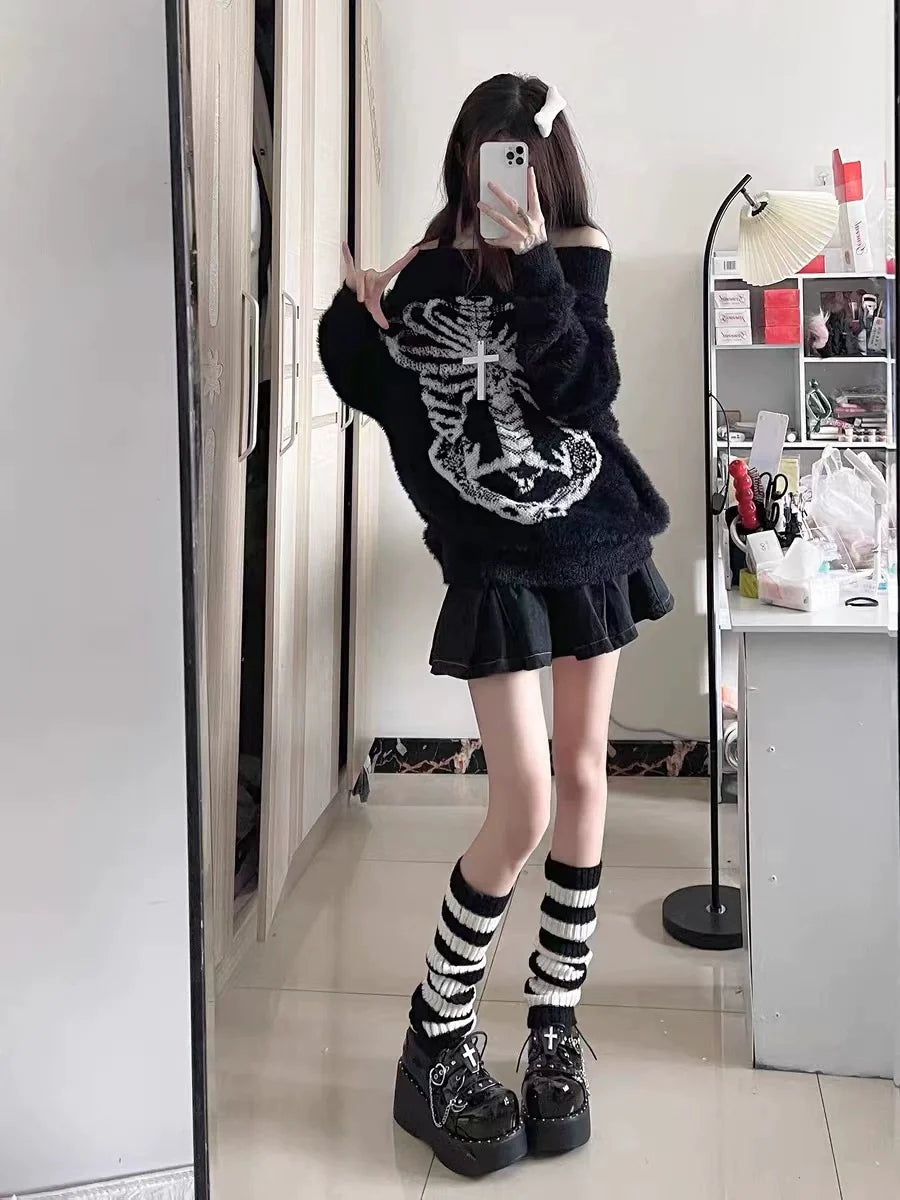 Black Y2K Punk Mink Fur Off-The-Shoulder Mid-Length Sweater