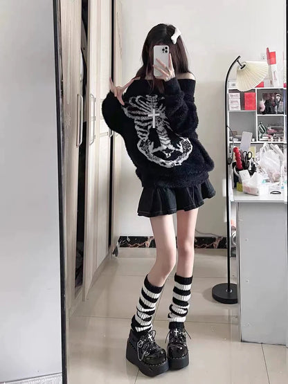 Black Y2K Punk Mink Fur Off-The-Shoulder Mid-Length Sweater