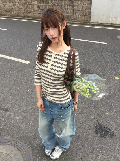 American Retro Striped Knit Long Sleeve Tee Autumn Color-Dot Slim Base Layer