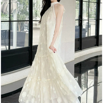 White Embroidered Halter Floral Tulle Gown Dress