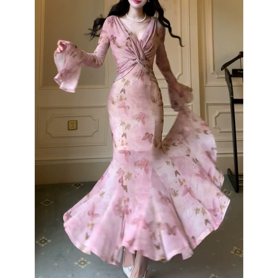 French Pink Luxury Printed Birthday Mermaid Gown Dress