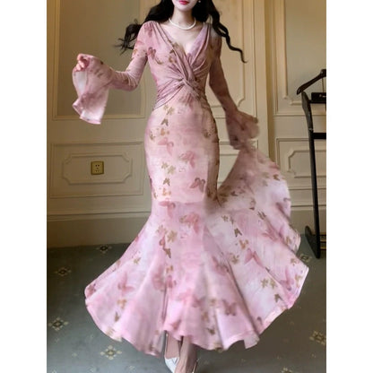 French Pink Luxury Printed Birthday Mermaid Gown Dress