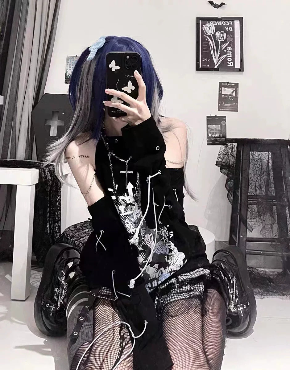 Black Tie Top with Cross Necklace Punk Y2K T-Shirt