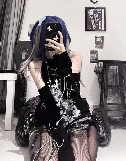 Black Tie Top with Cross Necklace Punk Y2K T-Shirt