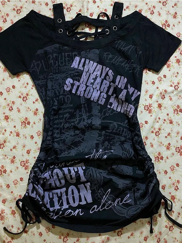 Black Subculture Punk Y2K E-girl Retro Print Drawstring Slim-Fit Waist Short Sleeve Top