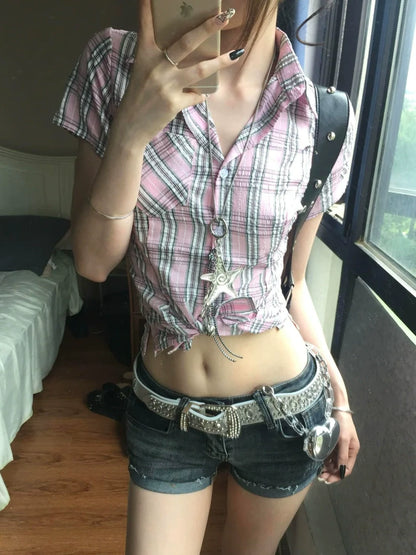 American Checkered Short Sleeve Shirt Summer Slim Fit Preppy College Style Top