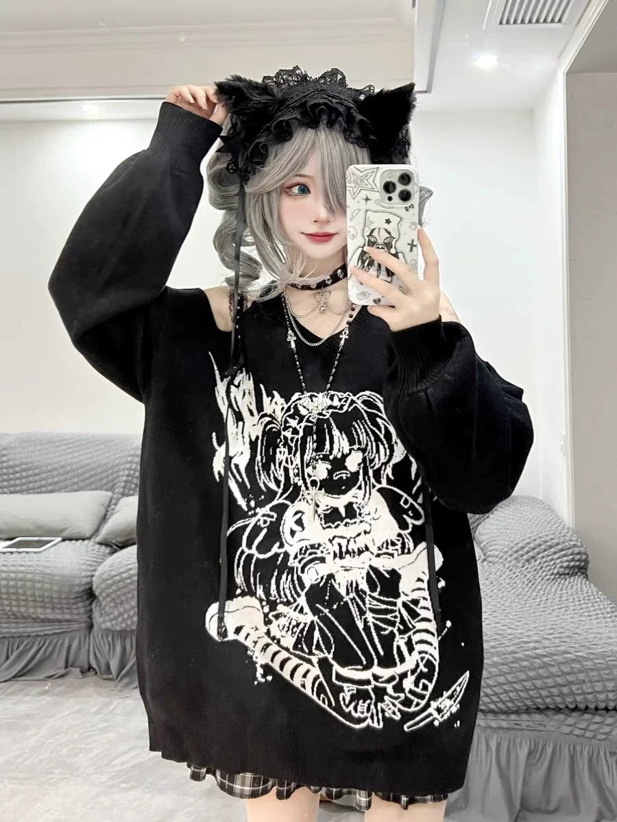 Black Y2K Punk Dark Angel Off-Shoulder V-Neck Sweater