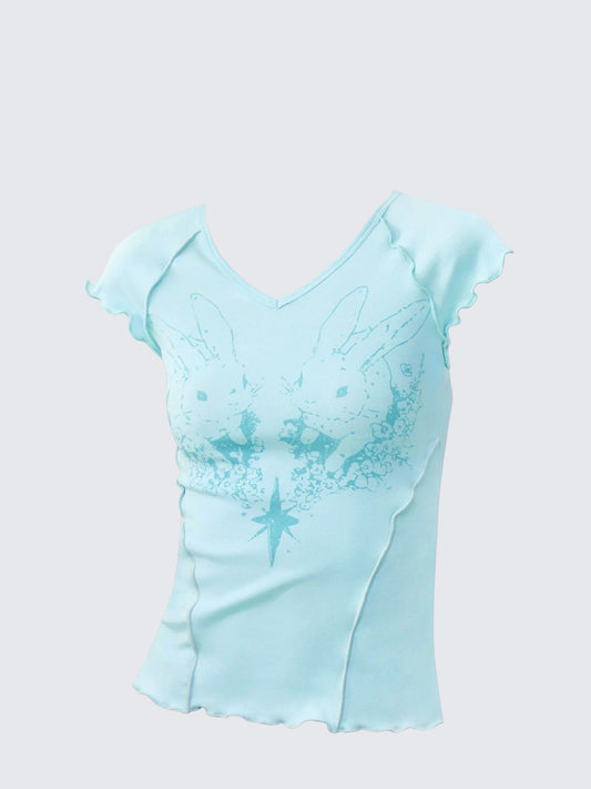 American Rabbit Print Ruffle V-Neck Tee