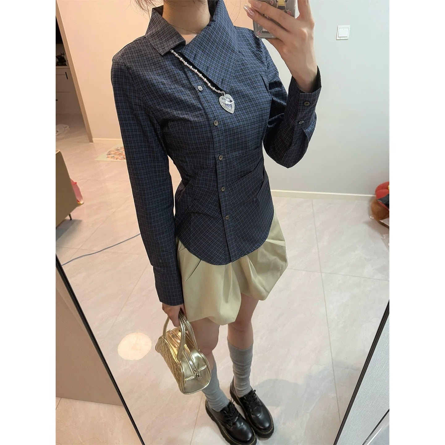 Designer Asymmetrical Collar Plaid Shirt Slim Fit Vintage College Top