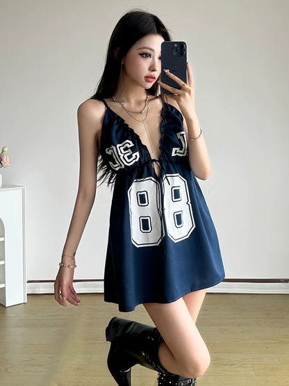 Western Edgy Style Color-Block Number Print Camisole Dress