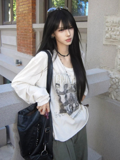 Y2K Aesthetic Sheer Snow Cotton Long Sleeve T-Shirt Autumn Slim Fit Cropped Base Layer Top