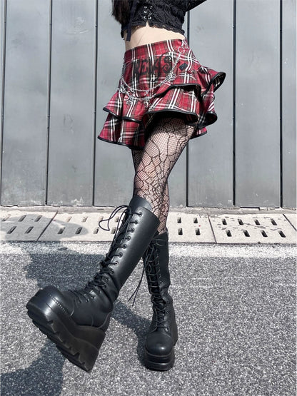 Plaid Cake Skirt [With Chain] Subculture Punk Y2K E-girl Gothic Rock Retro High-Waisted Short Skirt