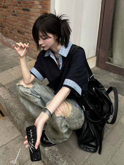 Navy Fake Two Piece Polo Top