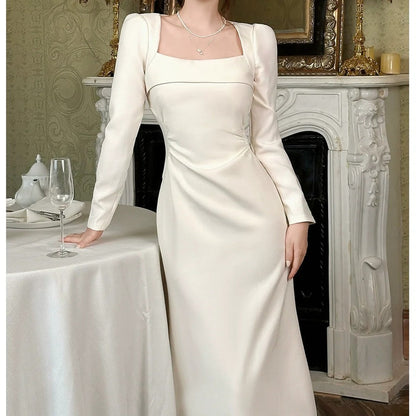 French Long Sleeve Square Neck Gown Dress – Engagement and Party Dress