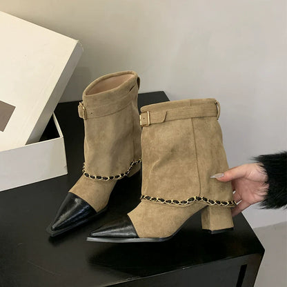 Minimalist Chic Color Block Chain Trouser Boots Women Fall Winter New Pointed Toe Chunky Heel Ankle Fashion Biker Boots