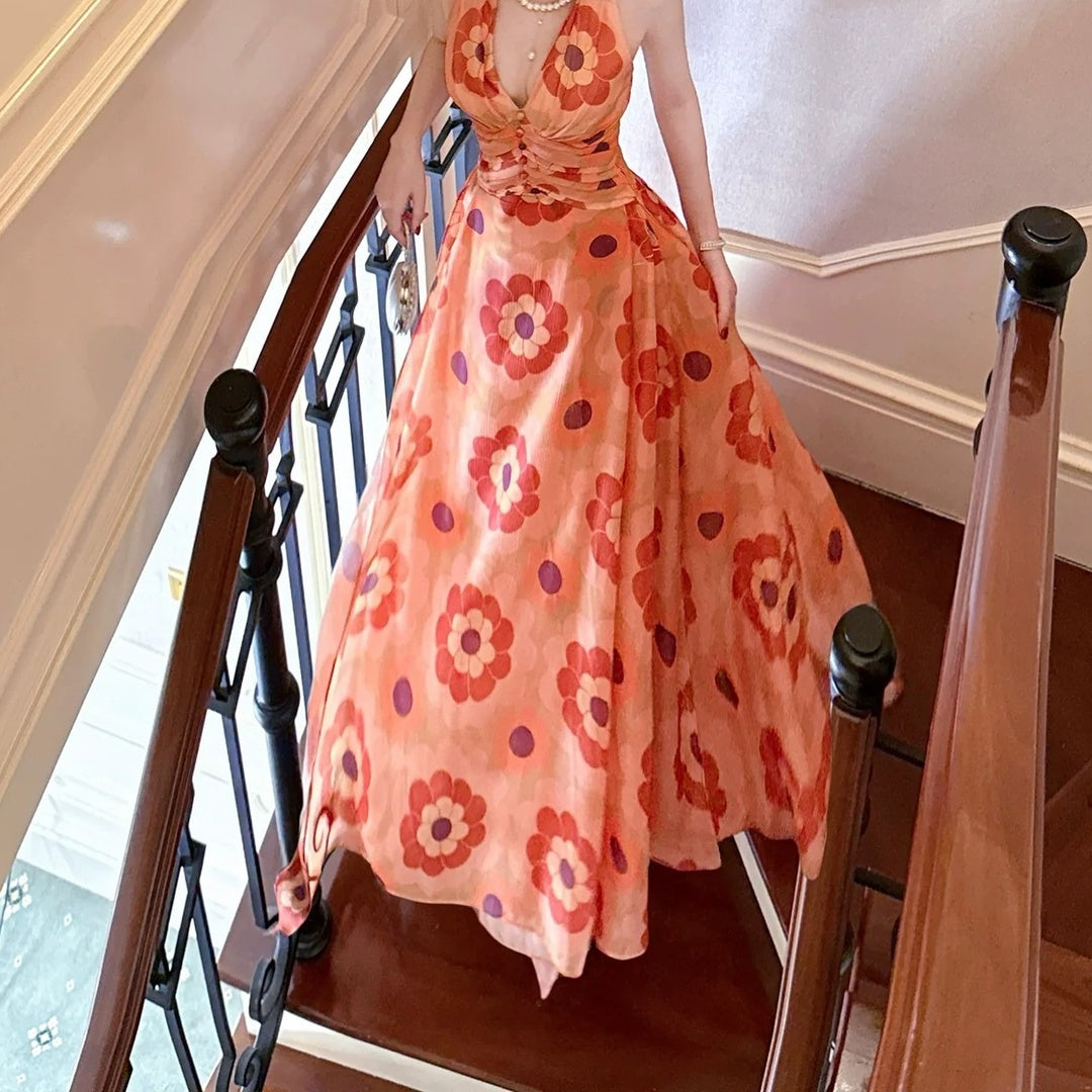 French Orange Floral Halter Neck Gown Dress – Summer Vacation Dress