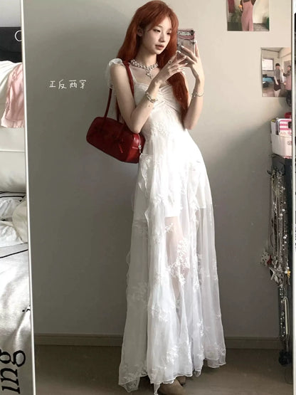 French-Inspired White Sheer Tulle Camisole Maxi Dress