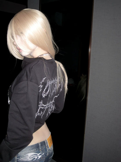 Y2K Visual Kei Black Henley Long Sleeve Tee Autumn Half-Zip Shoulder Top