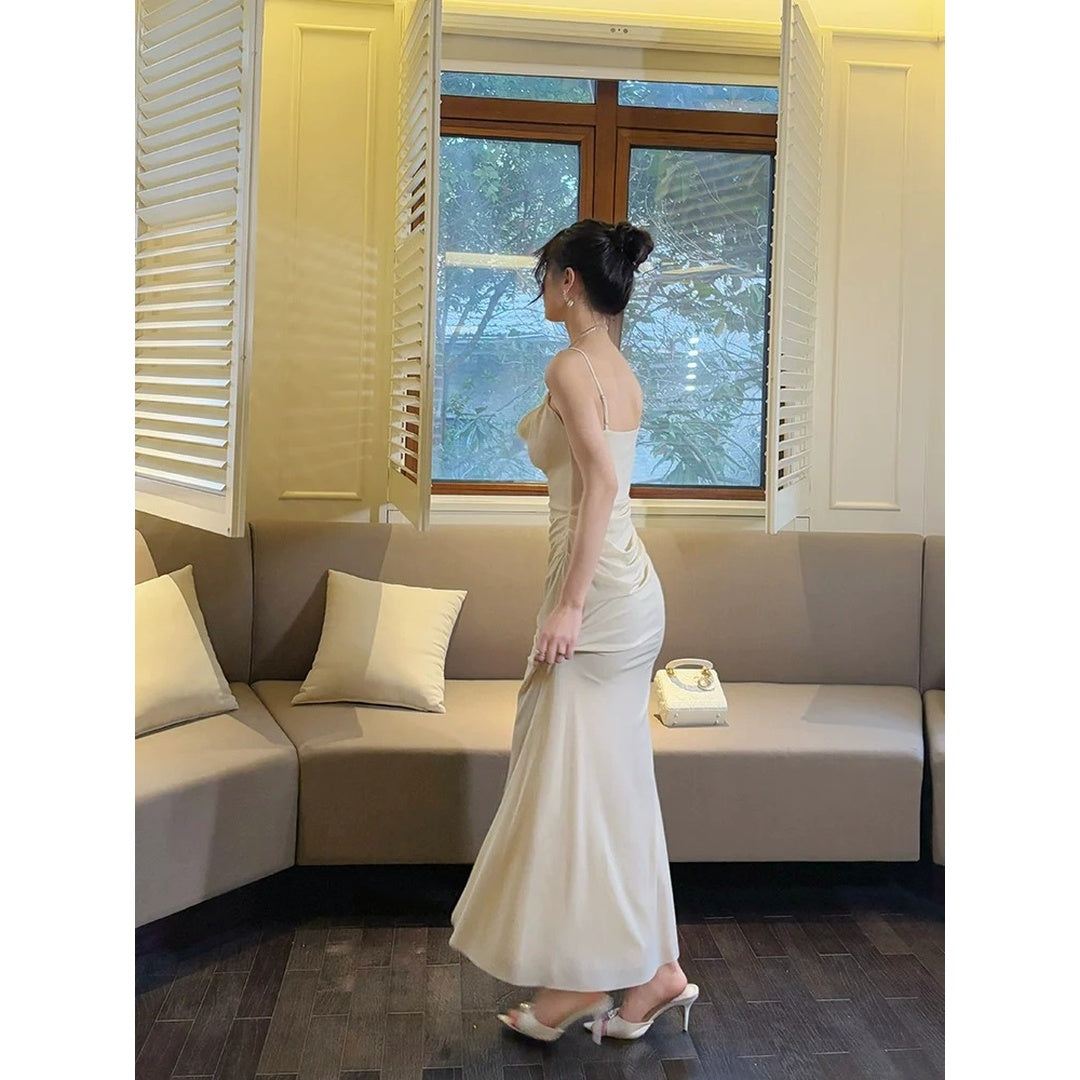 French Draped Mermaid Spaghetti Strap Gown Dress