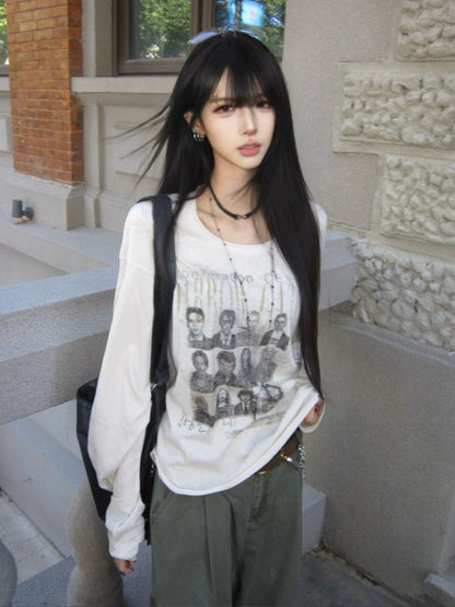 Y2K Aesthetic Sheer Snow Cotton Long Sleeve T-Shirt Autumn Slim Fit Cropped Base Layer Top