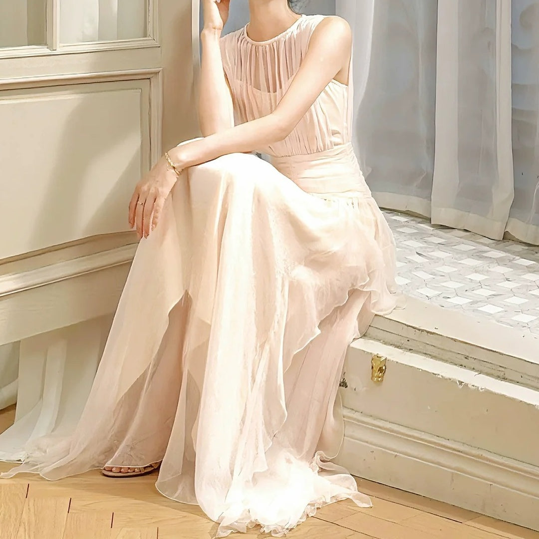 French Pink Sleeveless Faux Two-Piece Gown Dress – Luxury Party Dress