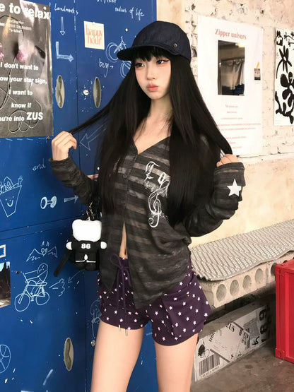 Y2K Light Subculture Striped Cardigan Musical Print Sun-Proof Top