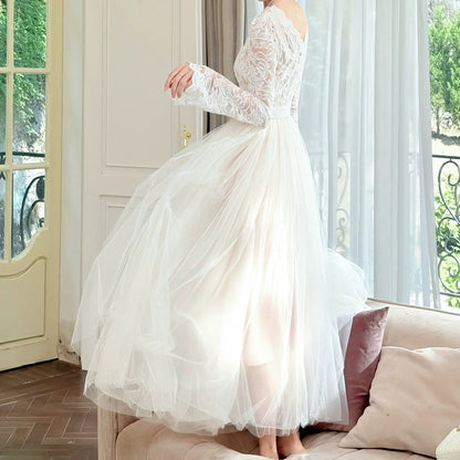 French V Neck Long Sleeve Mesh Gown Dress