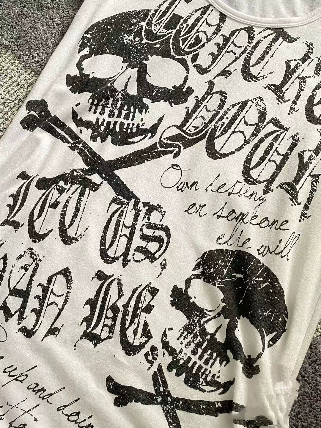 White Skull Print Lightweight Tee Y2K Top