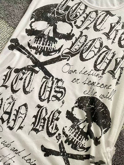 White Skull Print Lightweight Tee Y2K Top