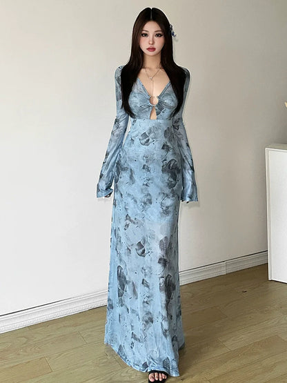 South French Vacation Style Cutout V-Neck Tie-Dye Fitted Slimming Hot Girl Maxi Dress