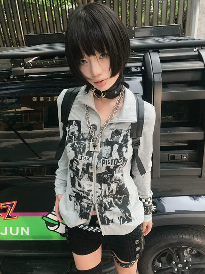 Punk Y2K Visual Kei Sheer Cardigan Early Autumn Slim Fit Long Sleeve Vintage Top