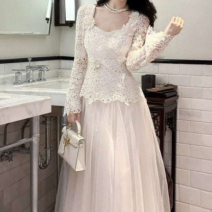 White Floral Lace Long Sleeve Gown Prom Dress