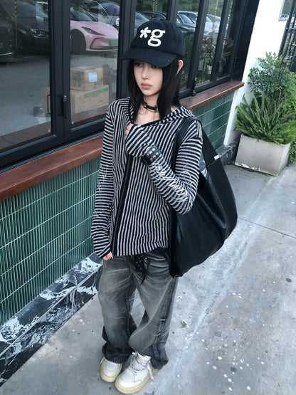 Y2K Stripe Hooded Cardigan