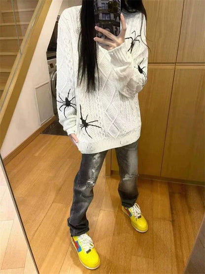 Y2K Punk Spider Embroidered Distressed Sweater