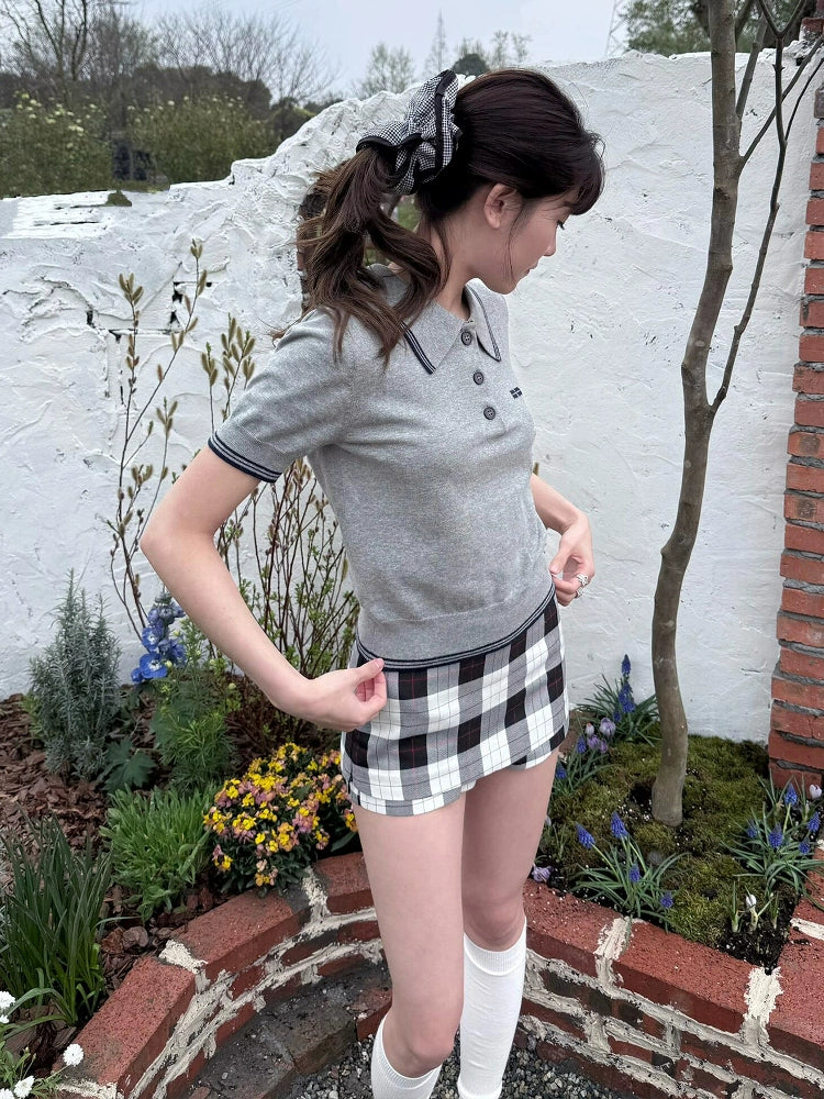 Gray Knitted Polo Tee Summer Short Sleeve Vintage Preppy Top Slim Fit