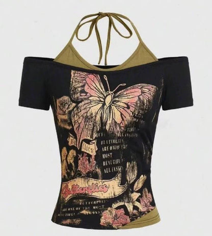 Black American Vintage Butterfly Print Fake Two-Piece Y2K T-Shirt