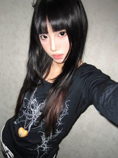 Y2K Subculture Fitted Long Sleeve Base Top  Structured Shoulder Slim Tee Visual Kei Streetwear