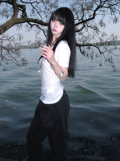 Retro White V Neck Cross Print Short Sleeve Top