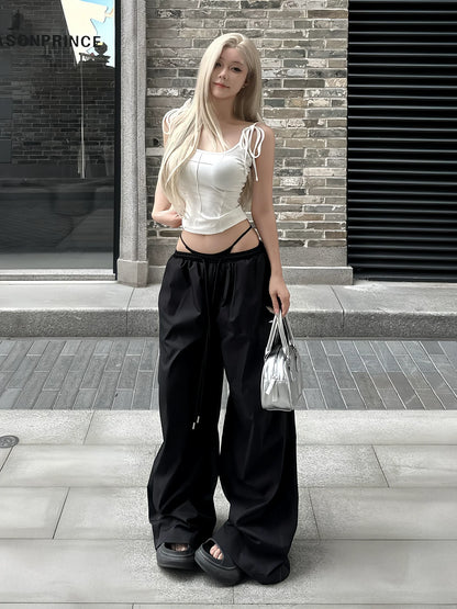Retro Low Waist Wide Leg Pants Casual Trousers