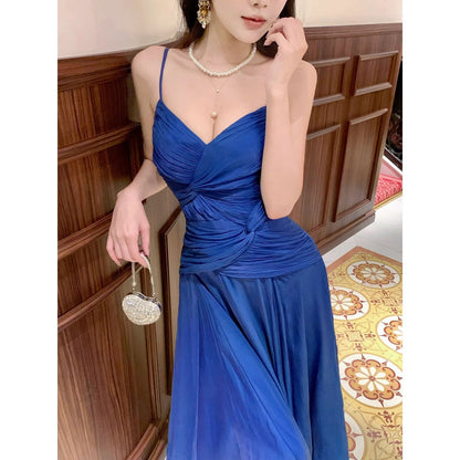 French Asymmetrical Blue Spaghetti Strap Satin Gown Dress
