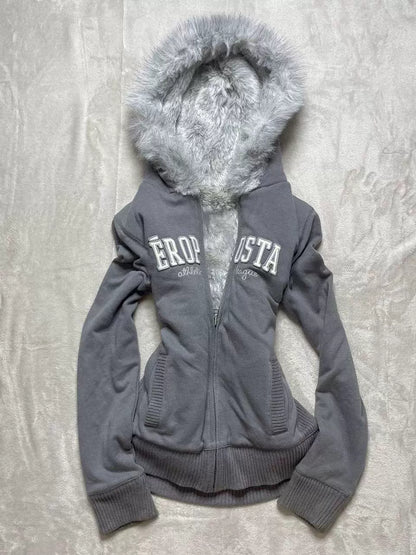 Gray Y2K Gothic Rock Punk Fleece-Lined Hoodie