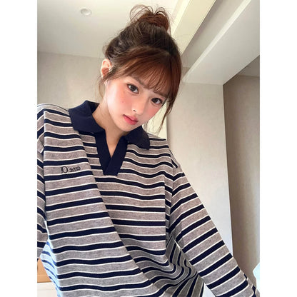 Lazy Striped V-Neck Sweater Autumn-Winter Embroidered Knit Couple Top