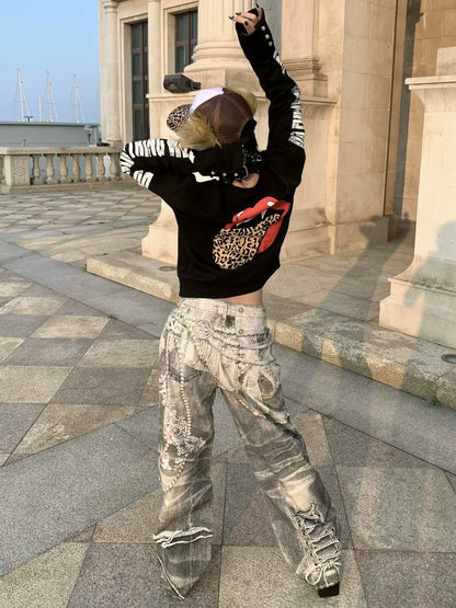 Y2K Black Leopard Tongue Hoodie